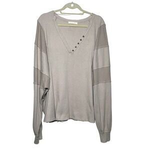 Free People We The Free Thermal Henley V-Neck Waffle Knit Top Beige Taupe Large
